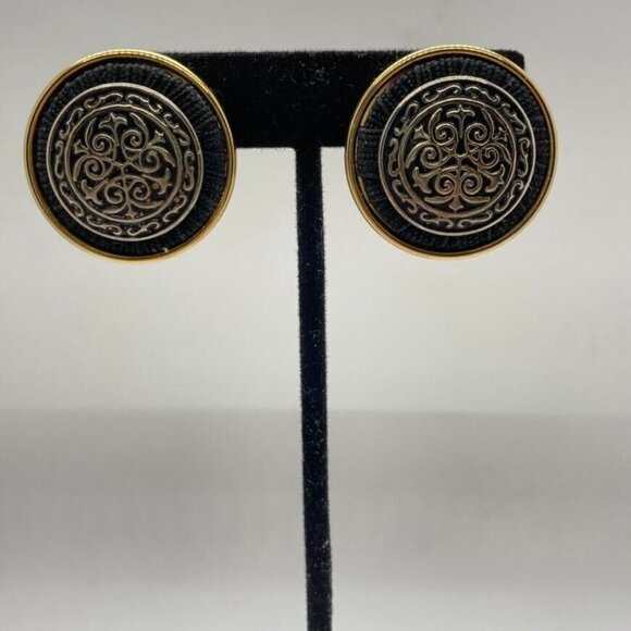 Vintage Renaissance Set Black Cord Choker 15" Necklace Clip On Earrings Two Tone - Picture 9 of 15